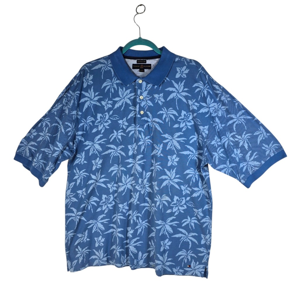 Tommy Hilfiger Golf Mens XL Blue Palm Floral Comfort Dry Polo Shirt Short Sleeve